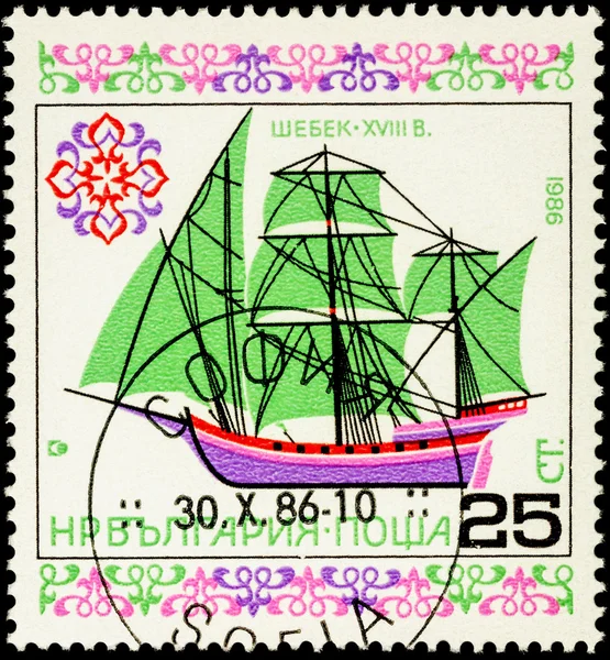 Old sailing ship (XVIII century) on postage stamp
