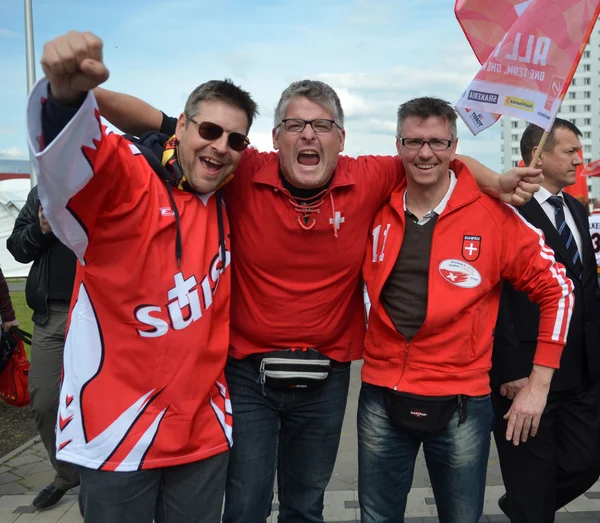 MINSK, BELARUS - MAY, 2014: people support their hockey teams at the 2014 IIHF World Championship