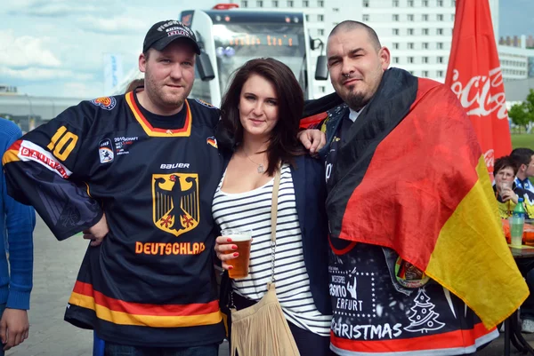 MINSK, BELARUS - MAY, 2014: people support their hockey teams at the 2014 IIHF World Championship