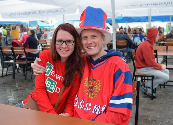 MINSK, BELARUS - MAY, 2014: people support their hockey teams at the 2014 IIHF World Championship