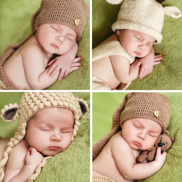 A collage of photos of a sleeping baby in knitted cap