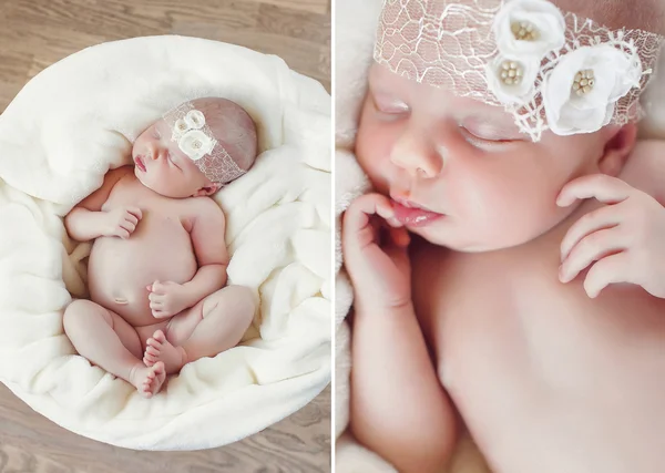 A collage of two photos of a newborn baby sleeping on white blanket