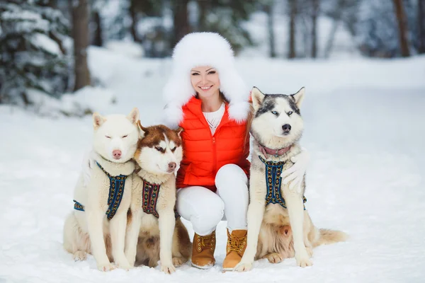 Portrait of a beautiful woman with Siberian huskies - Husky.