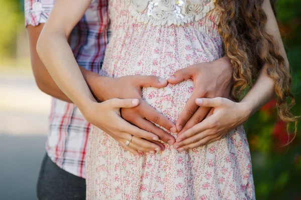 A young pregnant woman on a walk in the park with a nice husband.