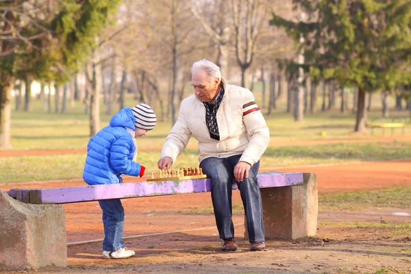 Grandfather and grandson playing chess outdoors