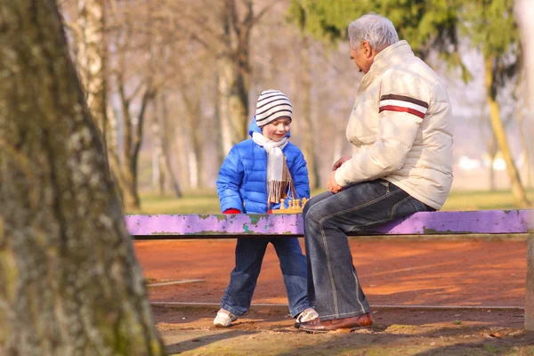 Grandfather and grandson playing chess outdoors