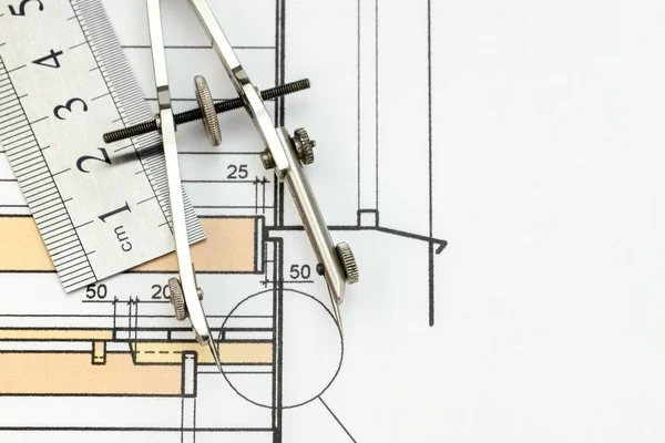 Architectural or technical project detail with drawing compass a