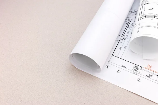 Architectural blueprint and blueprint rolls on desk