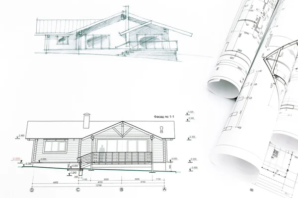 Outline sketch of house with blueprints