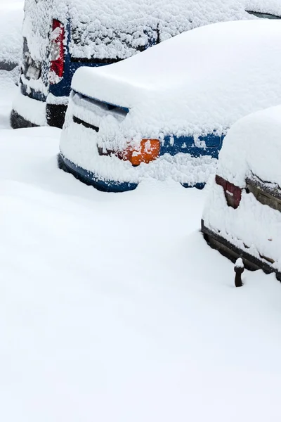 Snow-covered cars rear view