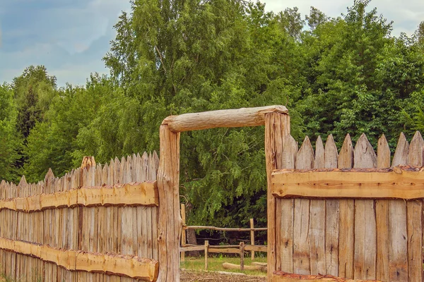 Log palisade fence with a gate