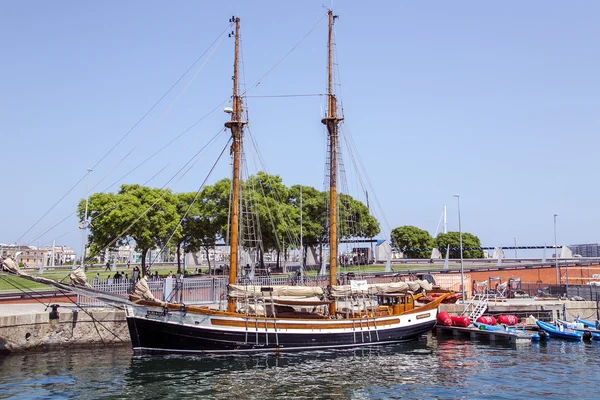 View of the ancient sailing ship at Port Olympic
