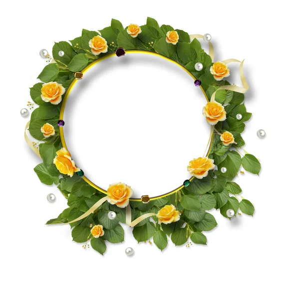 Beautiful round frame of roses, leaves, ribbons and pearls