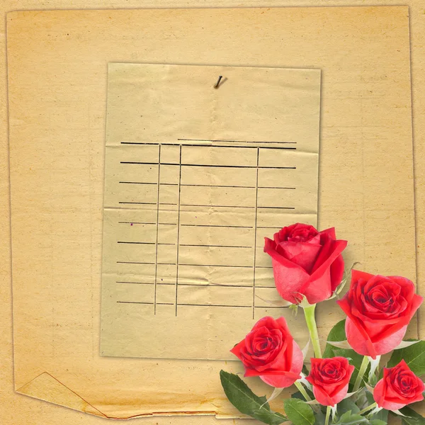 Old vintage card with a beautiful red rose on paper background