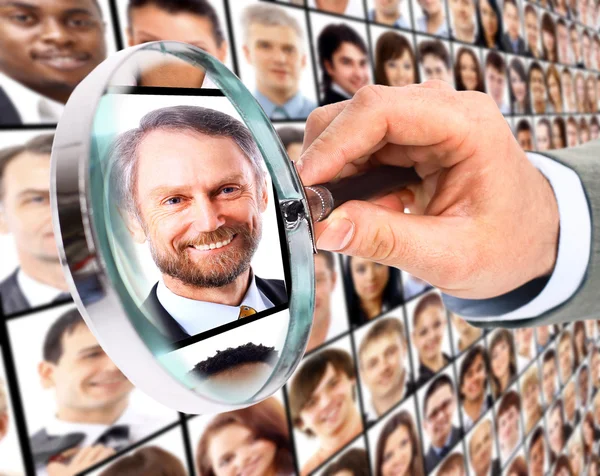 Human resource concept, magnifying glass searching people