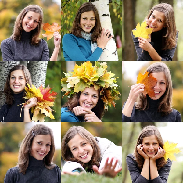 Collage, women with a bouquet of maple leaves