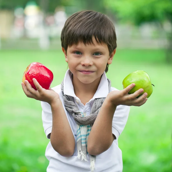 A little boy holds two apples on the background of summer park