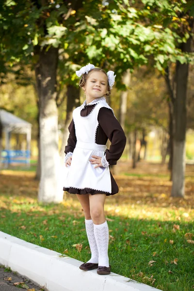 Portrait of a beautiful young first-grader in a festive school u