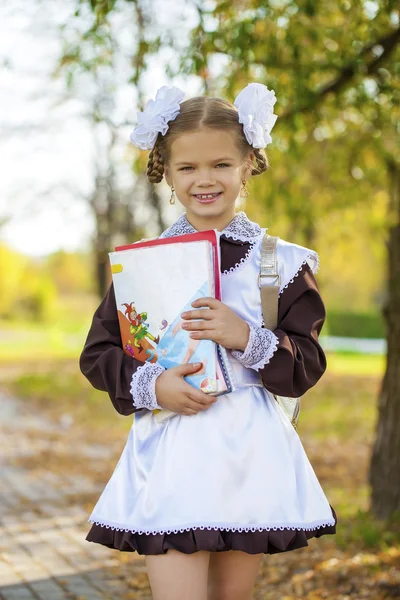 Portrait of a beautiful young first-grader in a festive school u