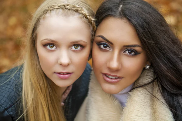 Close up portrait of two beautiful young women on the background