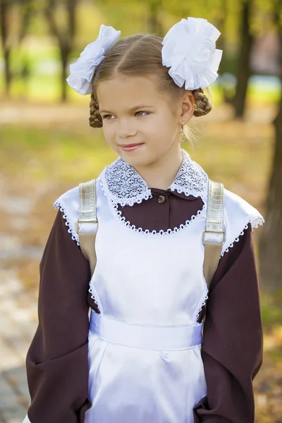 Portrait of a beautiful young first-grader in a festive school u