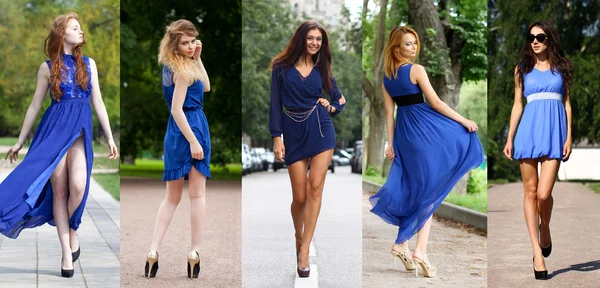 Collage of five beautiful models in blue dress