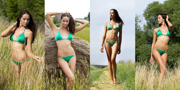 Young slim models in a green bikini