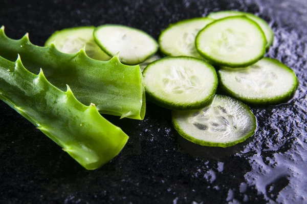 Fresh sliced cucumber and aloe leaves