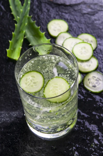 Glass of water with cucumber slices and aloe