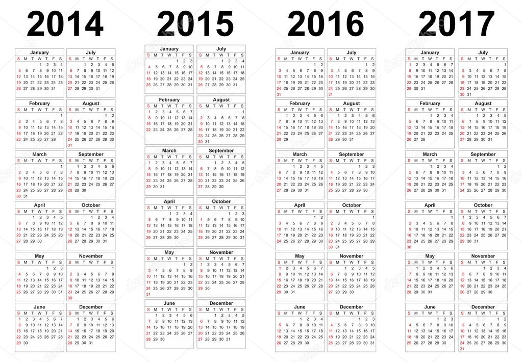 2014 2015 2016 2017 Year Vector Calendars — Stock