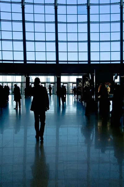 Entrance to modern building and people silhouettes