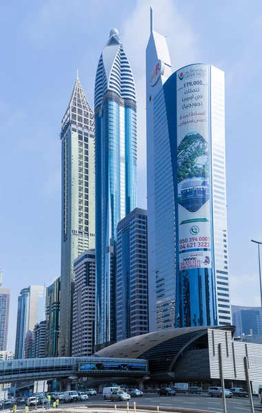 Street architecture of Dubai\'s many highrise buildings.