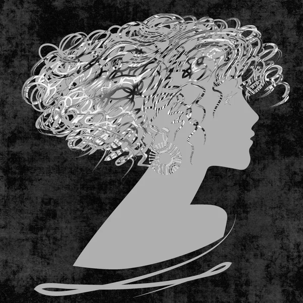 Art sketched beautiful girl face with curly hair and in profile