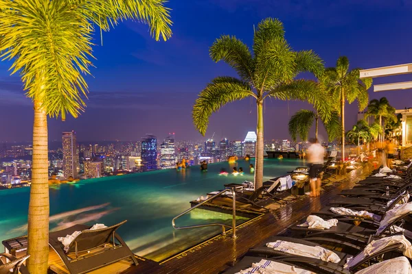 Pool on roof and Singapore city skyline