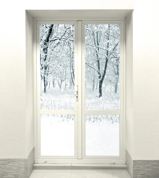 Winter forest and closed white door