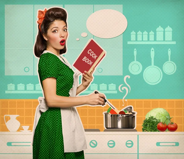 Retro young woman cooking soup in her kitchen room