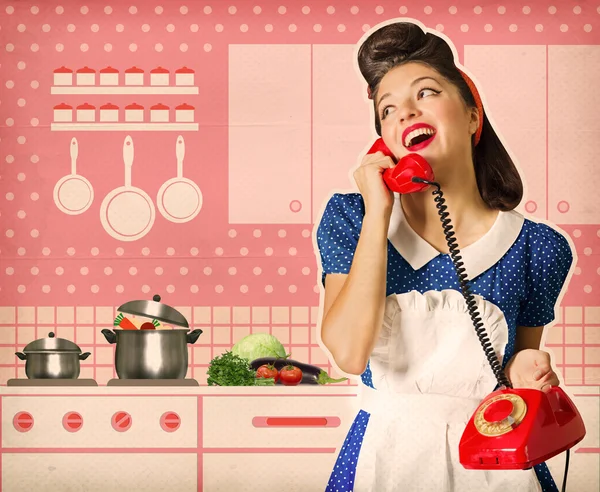 Retro woman talking on phone in her kitchen interior poster