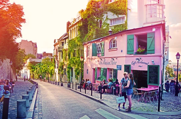 La Maison Rose, a famous cafe restaurent of Montmartre at sunset, all painted in pink on August 16, 2014 in Paris, France