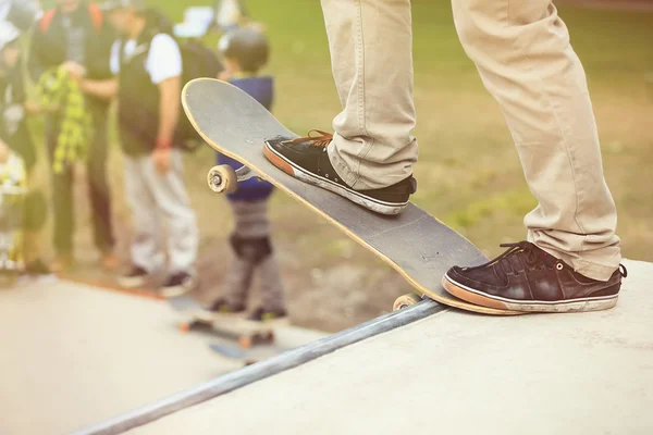 Skater on skateboard standing on skate park concrete ramp