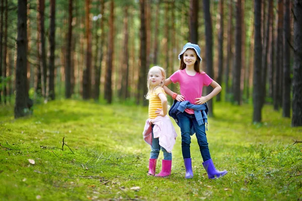Two adorable little sisters hiking in a forest
