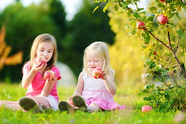 Little girls picking apples in a garden