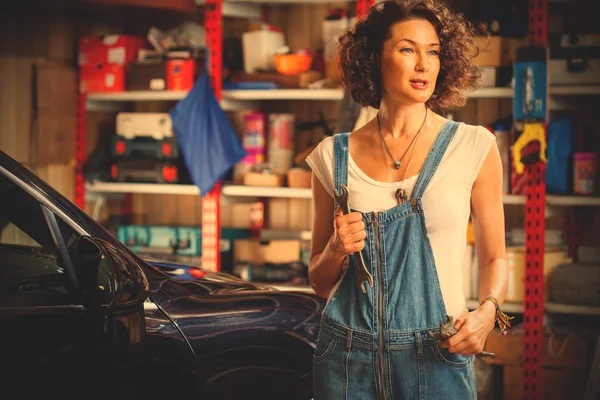 Woman mechanic with a wrench in his hand