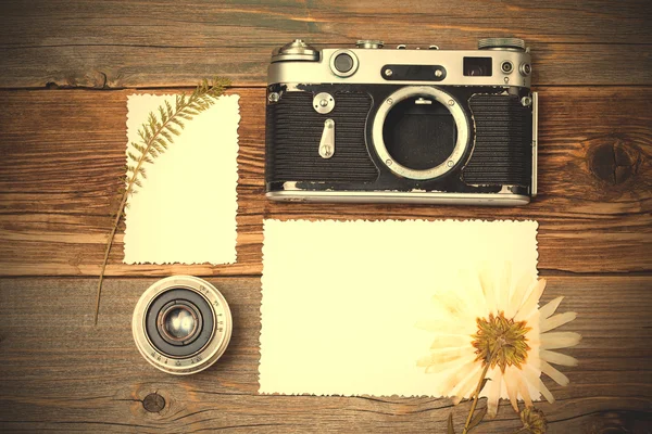 Vintage camera, old lens and pressed flower