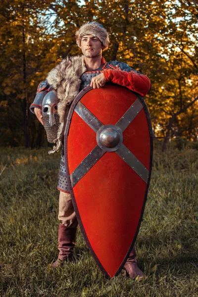 Brave slavic warrior with shield on the summer forest background