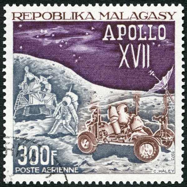 MALAGASY REPUBLIC -  1973: shows Landing Module, Astronauts and Lunar Rover, Apollo 17 moon mission, December 7-19, 1972