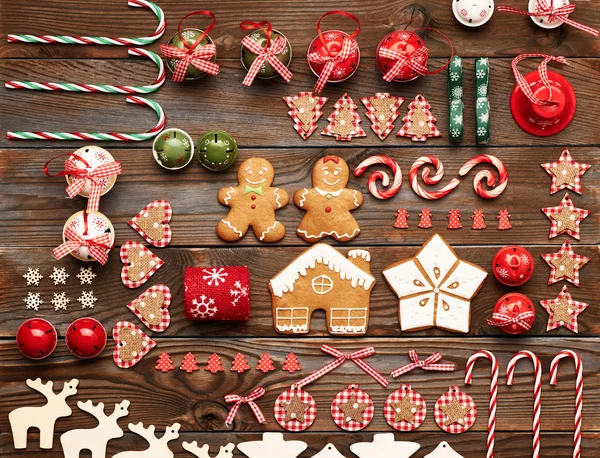 Christmas cookies and decorations flat lay