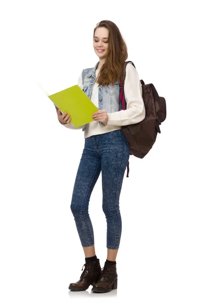 Pretty student holding textbooks isolated on white