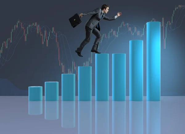 Businessman climbing career ladder as trader broker