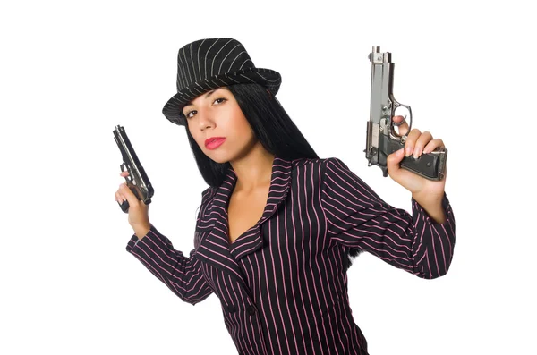 Gangster woman with gun isolated on white