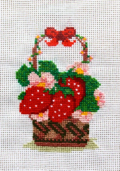 Embroidery on canvas basket with strawberries and flowers